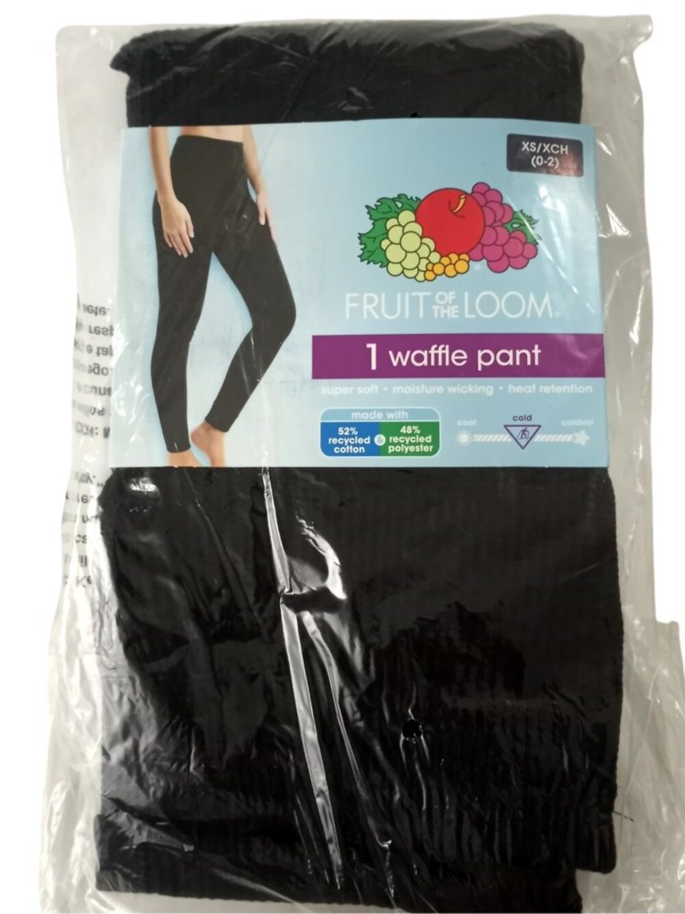 NEW Fruit of the Loom Womens XS 0 - 2 Black Waffle Thermal Pants Base Layer